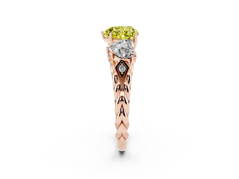 Heart-Shaped Three Stone Engagement Ring Setting for a Fancy Yellow Lab-Grown Diamond | Braided Band | Rose Gold