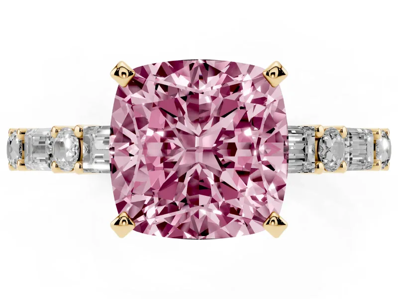 Cushion Cut Baguette Side Stone Engagement Ring Setting for a Fancy Pink Lab-Grown Diamond | Yellow Gold