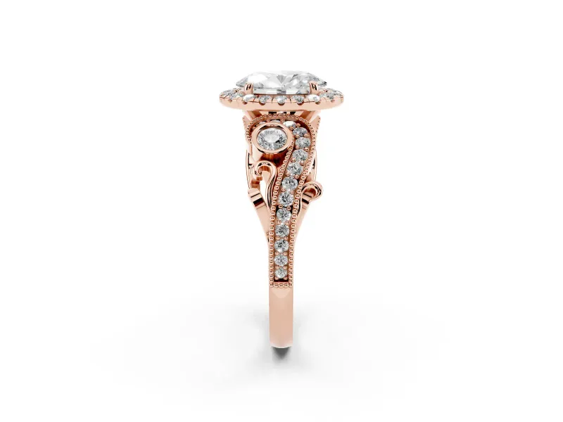 Oval Vintage Milgrain Halo Engagement Ring Setting | Bezel Shoulder Accents | Rose Gold