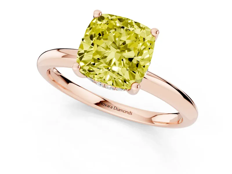 Cushion Cut Hidden Halo Engagement Ring Setting for a Fancy Yellow Lab-Grown Diamond | Plain Band | Rose Gold
