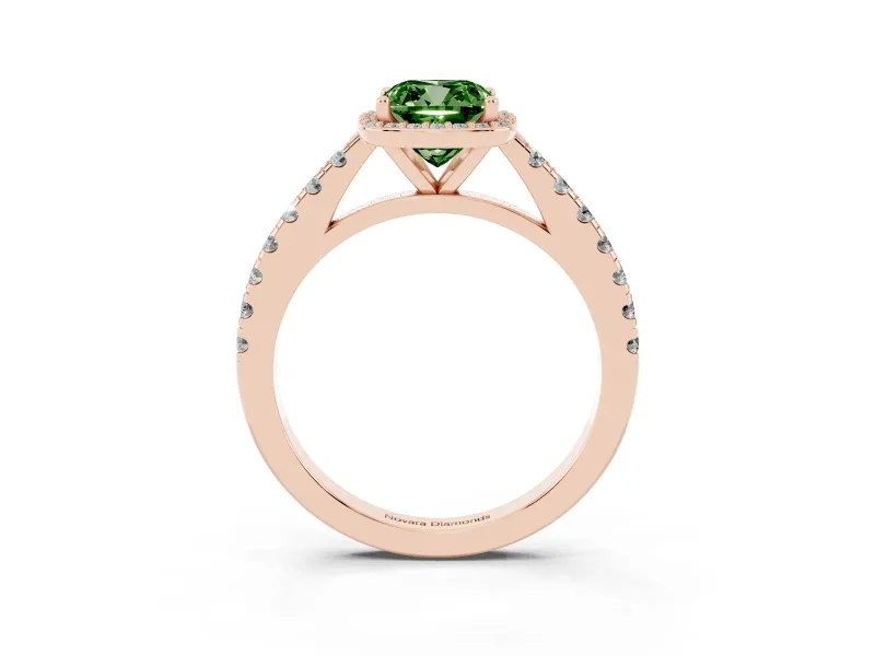 Fancy Green Cushion Cut Diamond Halo Engagement Ring Set in Rose gold with Pavé Band and Prong Setting