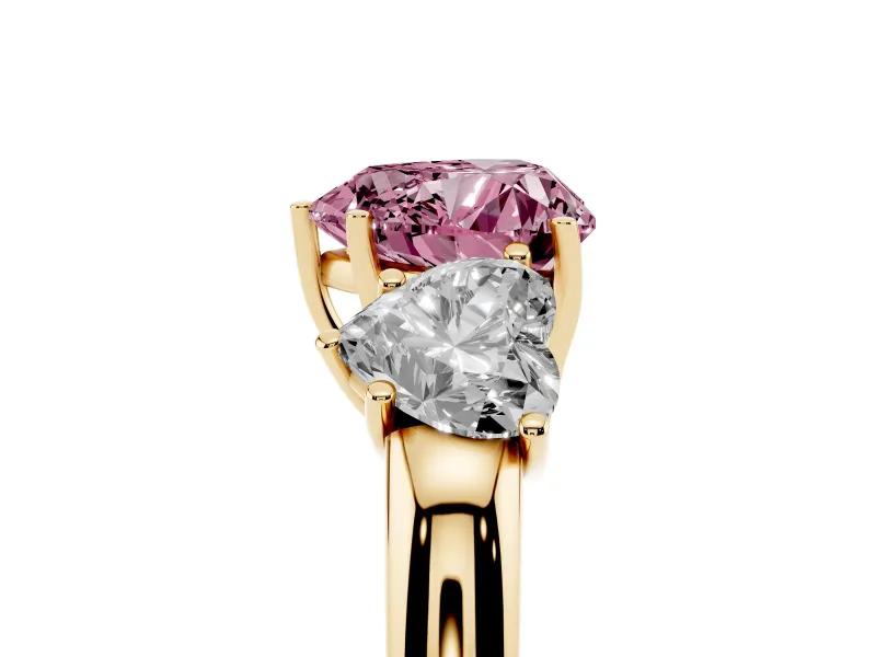 Heart-Shaped Three Stone Engagement Ring Setting for a Fancy Pink Lab-Grown Diamond | Matching Side Stones | Yellow Gold