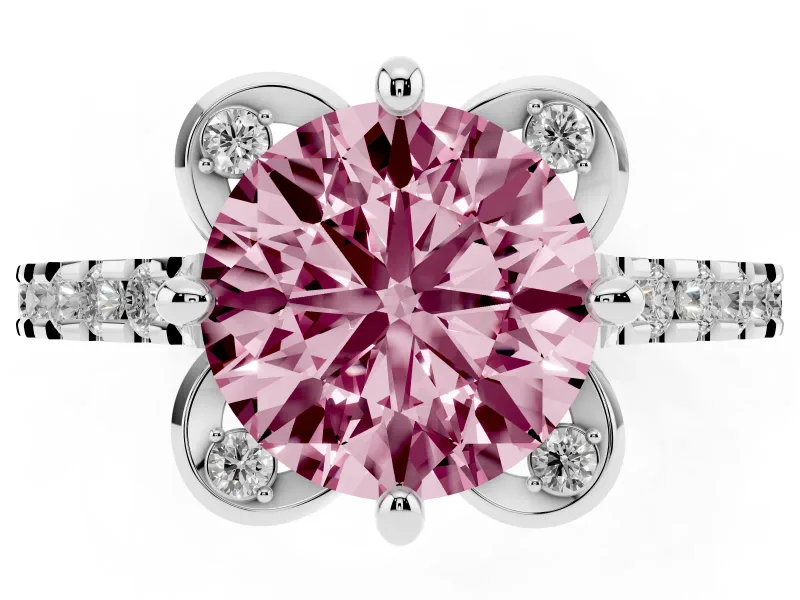 Round Floral Engagement Ring Setting for a Fancy Pink Lab-Grown Diamond | Pavé Band | Platinum