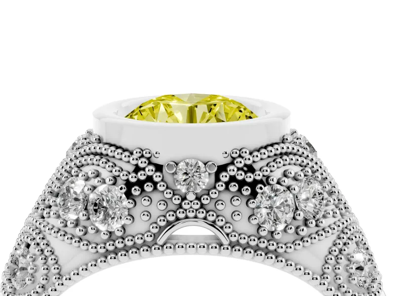 Fancy Yellow Round Cut Diamond Bezel Ring Set in Silver with Milgrain Accent Band