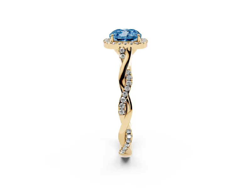 Cushion Cut Twist Halo Engagement Ring Setting for a Fancy Blue Lab-Grown Diamond | Yellow Gold