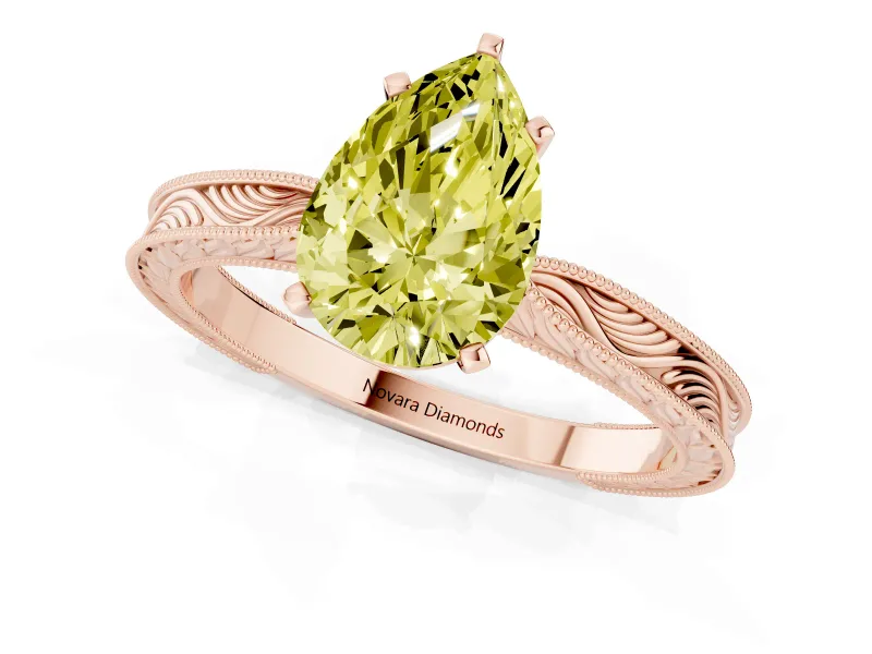 Fancy Yellow Pear Cut Diamond Solitaire Milgrain Engraved Band Set in Rose gold with Prong Setting