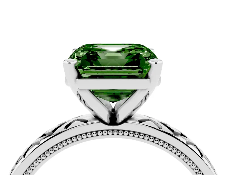 Fancy Green Asscher Cut Diamond Solitaire Ring Set in Platinum with Milgrain and Black Enamel X Pattern Band