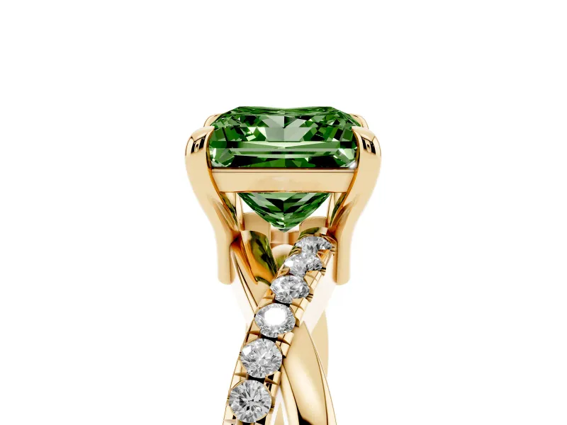 Fancy Green Princess Cut Diamond Twist Band Solitaire Set in Yellow gold with Pavé Accents and Prong Setting