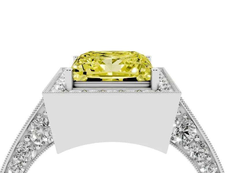 Princess Cut Milgrain Halo Engagement Ring Setting for a Fancy Yellow Lab-Grown Diamond | Side Stones | Sterling Silver