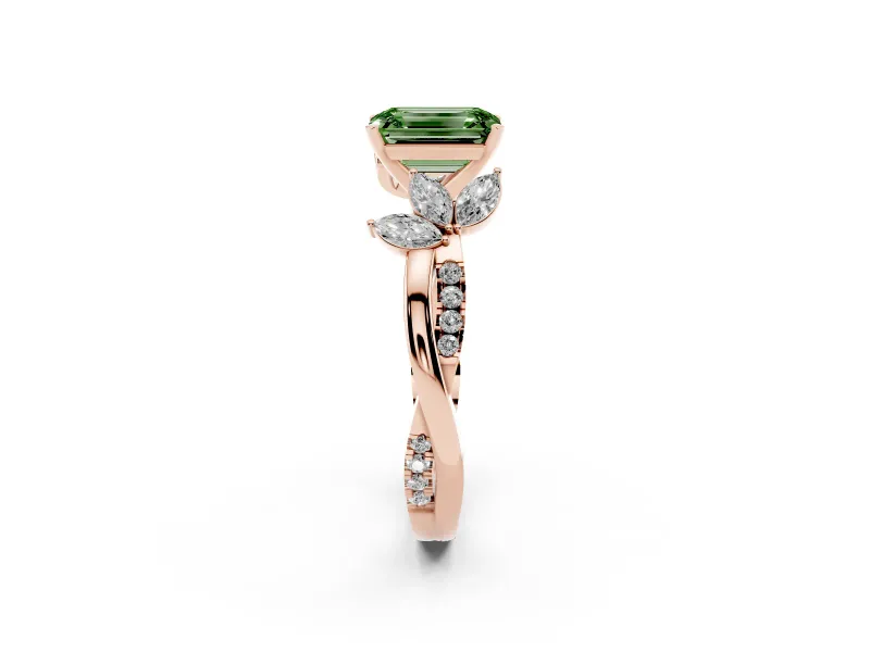 Fancy Green Emerald Cut Diamond Floral Vine Solitaire Engagement Ring Set in Rose gold with Marquise Leaves