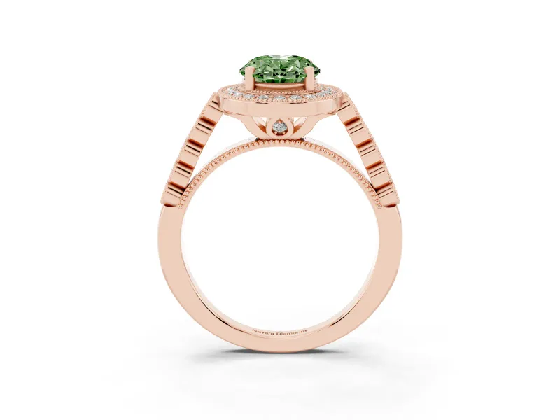 Fancy Green Oval Cut Diamond Milgrain Halo Solitaire Ring Set in Rose gold with Bezel Set Side Stones and Pavé Band