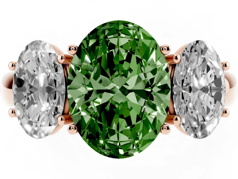 Fancy Green Oval Cut Diamond Three-Stone Ring Set in Rose gold with Bold Center and Classic Band