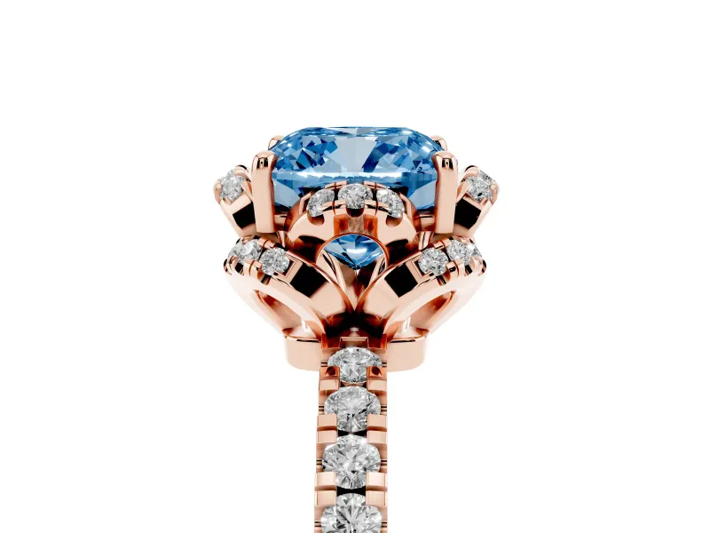 Fancy Blue Cushion Cut Diamond Halo Pavé Band Ring Set in Rose gold with Prong-Held Center