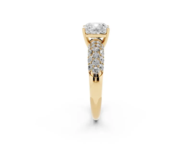 Cushion Cut Multi Row Pave Solitaire Engagement Ring Setting | Domed Shoulders | Yellow Gold