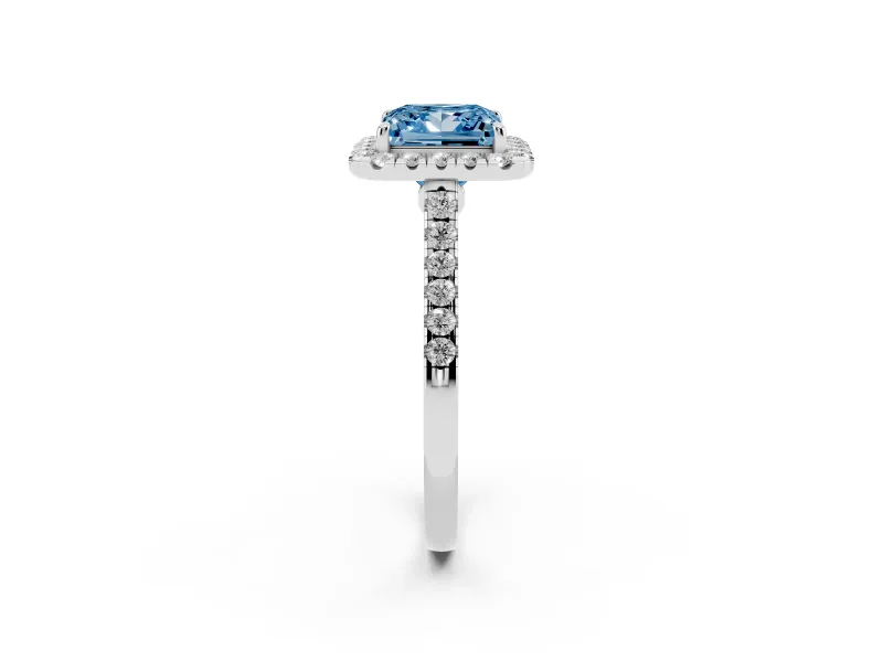 Princess Cut Halo Engagement Ring Setting for a Fancy Blue Lab-Grown Diamond | Pave Shoulders | Sterling Silver