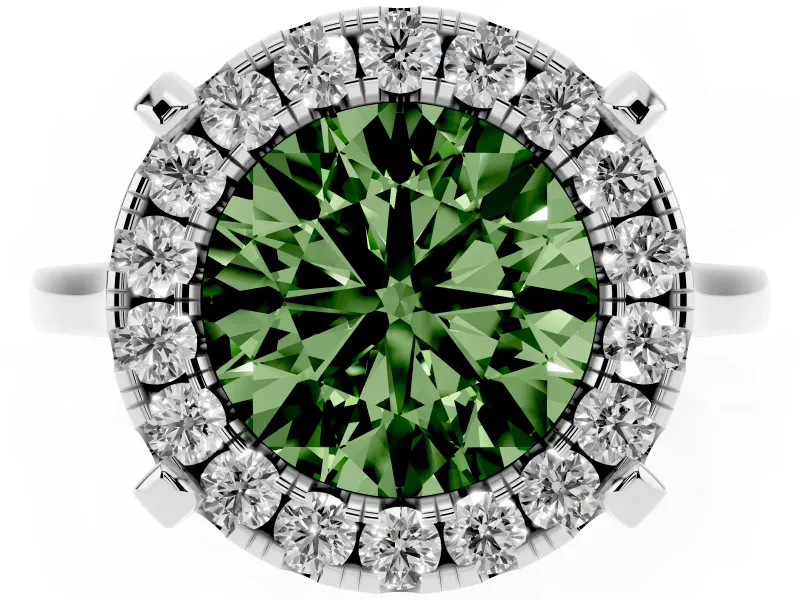 Round Claw Corner Halo Engagement Ring Setting for a Fancy Green Lab-Grown Diamond | Slim Plain Band | Sterling Silver