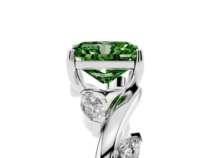 Radiant Cut Twisted Vine Engagement Ring Setting for a Fancy Green Lab-Grown Diamond | Marquise Leaves | Sterling Silver