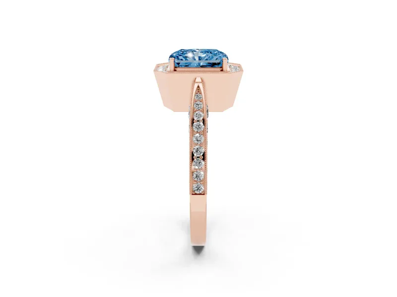 Radiant Cut Milgrain Halo Engagement Ring Setting for a Fancy Blue Lab-Grown Diamond | Side Stones | Rose Gold