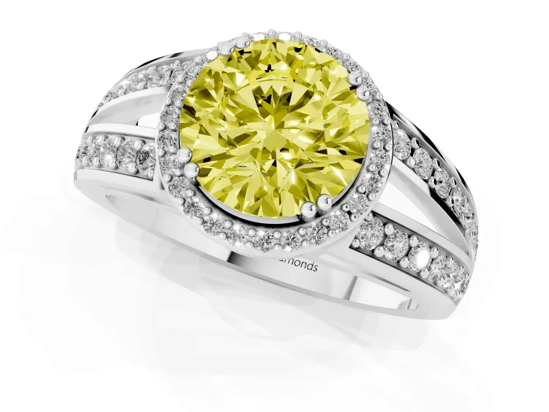 Round Halo Engagement Ring Setting for a Fancy Yellow Lab-Grown Diamond | Split Shank | White Gold