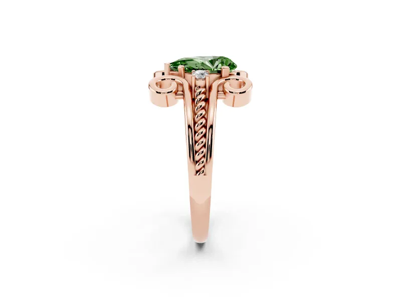 Fancy Green Pear Cut Diamond Twisted Band Solitaire Ring Set in Rose gold with Scroll Prongs