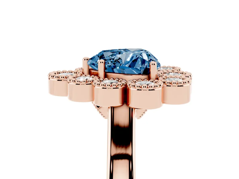Heart-Shaped Milgrain Cluster Halo Engagement Ring Setting for a Fancy Blue Lab-Grown Diamond | Plain Band | Rose Gold