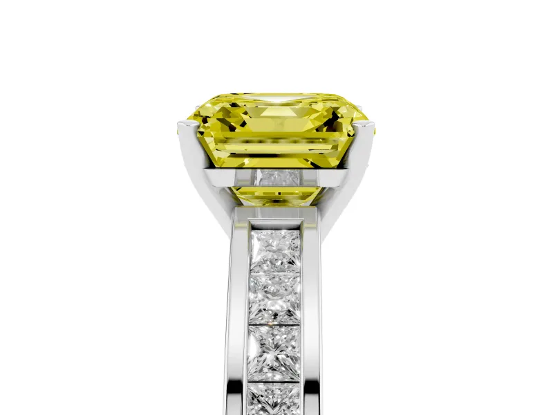 Fancy Yellow Asscher Cut Diamond Solitaire Ring Set in White gold with Channel-Set Band and Prong Setting