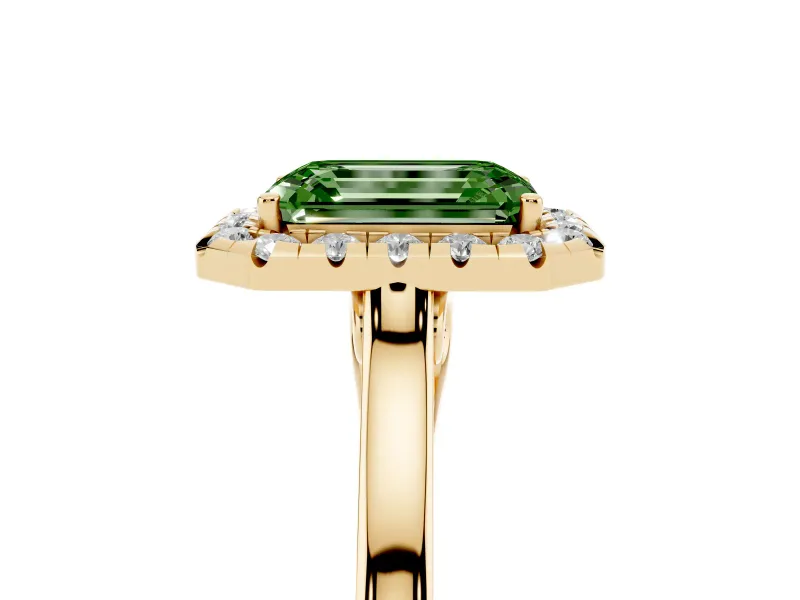 Fancy Green Emerald Cut Halo Round Diamond Solitaire Ring Set in Yellow gold with Pavé Band and Prong Setting