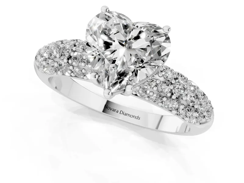Heart-Shaped Multi Row Pave Solitaire Engagement Ring Setting | Domed Shoulders | White Gold