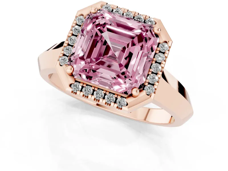 Fancy Pink Asscher Cut Diamond Halo Ring Set in Rose gold with Cathedral Band and Prong Setting