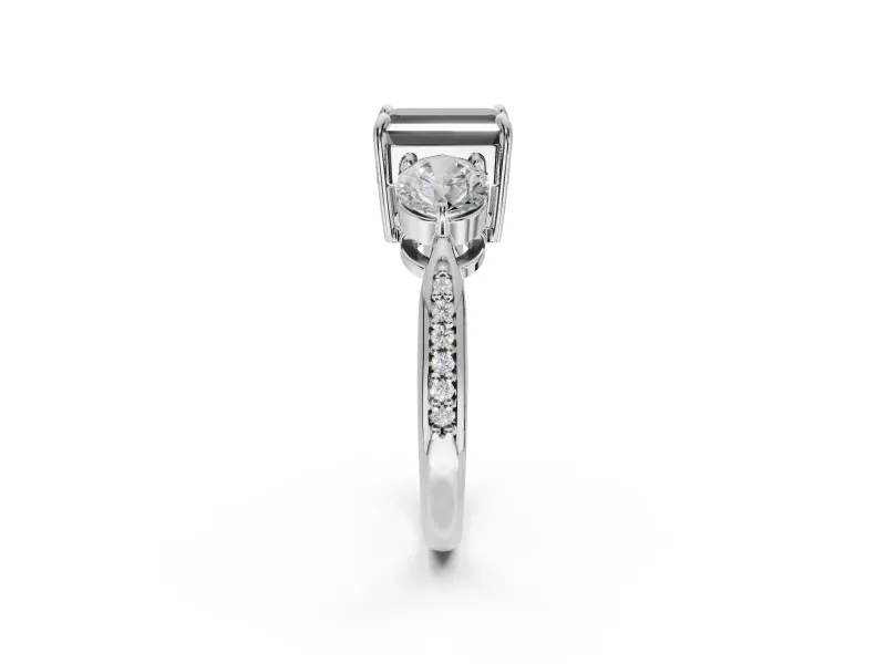 Emerald Cut Three Stone Engagement Ring Setting for a Black Center | Tapered Pavé Band | White Gold
