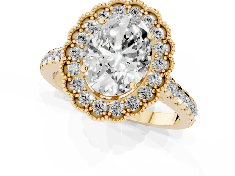 Oval Cut Diamond Milgrain Floral Halo Engagement Ring Set in Yellow gold with Pavé Band