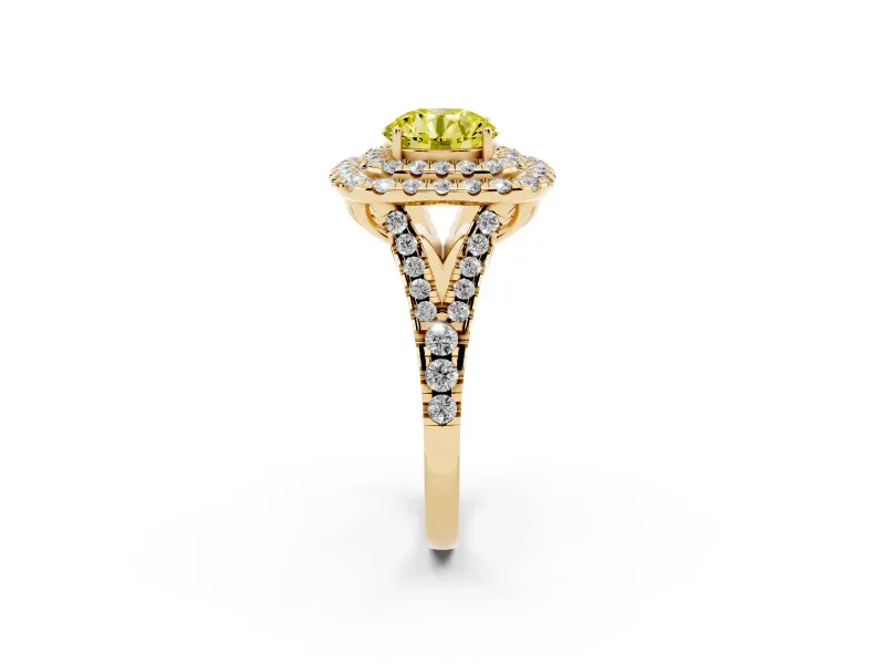 Round Halo Split Shank Engagement Ring Setting for a Fancy Yellow Lab-Grown Diamond | Pavé Strands | Yellow Gold
