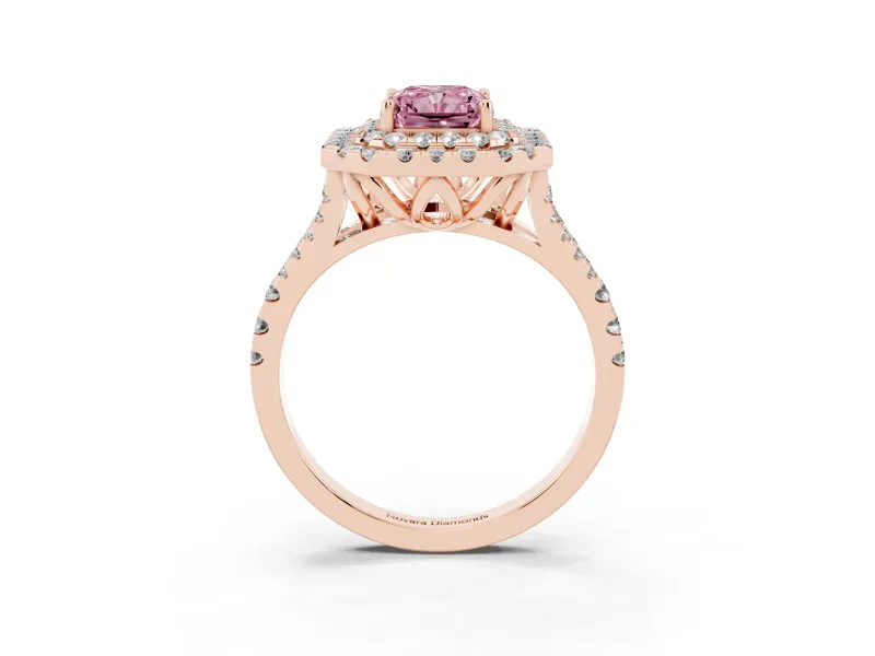 Radiant Cut Halo Split Shank Engagement Ring Setting for a Fancy Pink Lab-Grown Diamond | Pavé Strands | Rose Gold