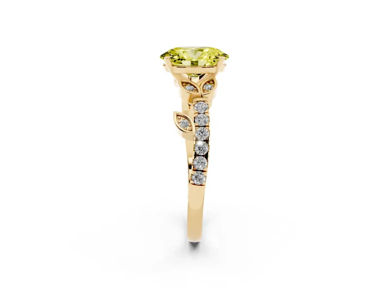 Fancy Yellow Oval Cut Diamond Solitaire Leaf-Inspired Ring Set in Yellow gold with Pavé Band and Prong Setting