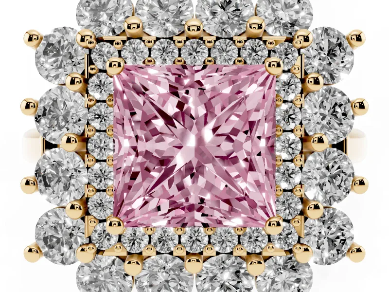 Princess Cut Floral Double Halo Engagement Ring Setting for a Fancy Pink Lab-Grown Diamond | Plain Band | Yellow Gold