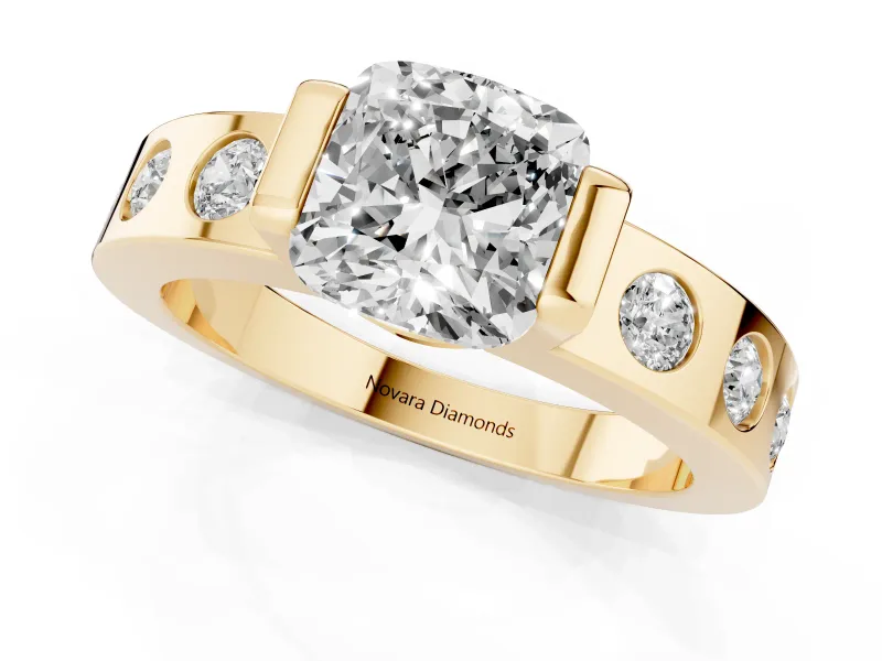 Cushion Cut Tension Style Engagement Ring Setting | Flush Set Accents | Yellow Gold