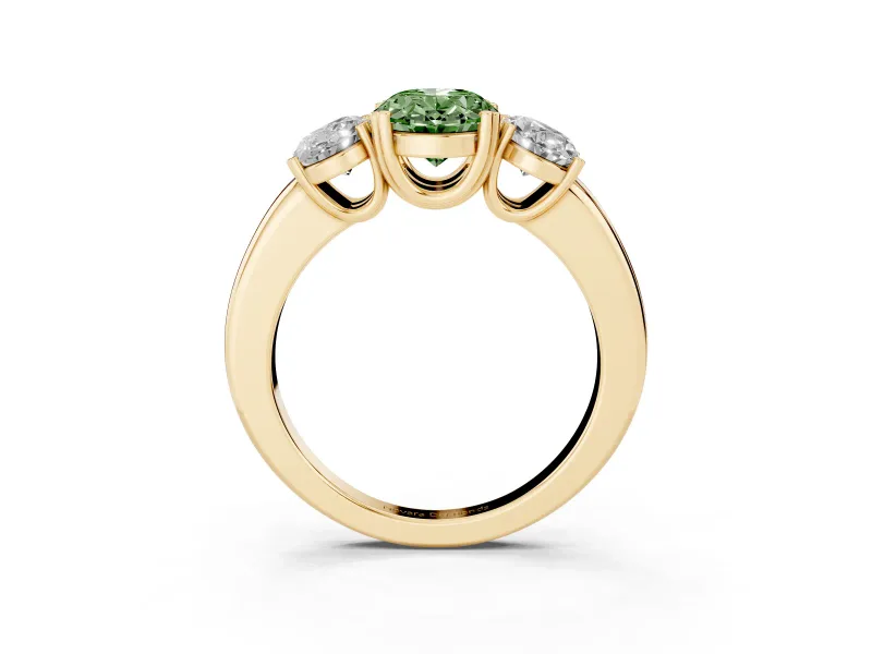 Oval Three Stone Engagement Ring Setting for a Fancy Green Lab-Grown Diamond | Double Claw Head | Yellow Gold