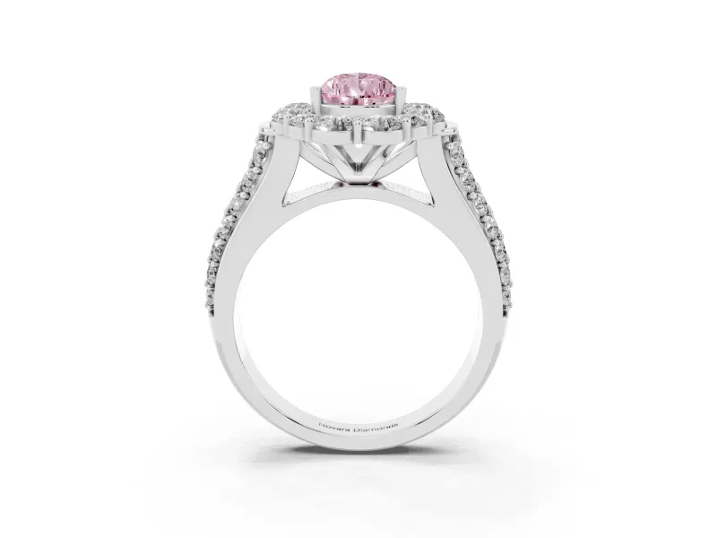 Fancy Pink Pear Cut Diamond Halo Engagement Ring Set in Platinum with Split Shank and Prong Setting