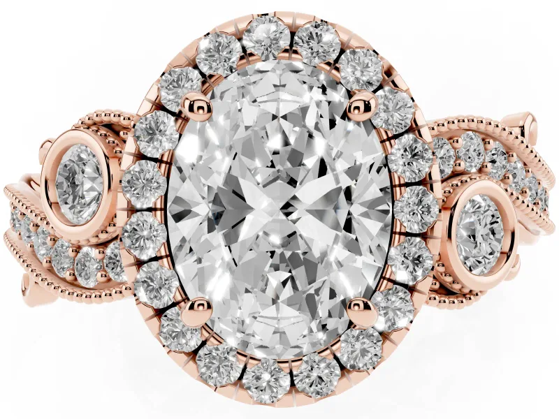 Oval Vintage Milgrain Halo Engagement Ring Setting | Bezel Shoulder Accents | Rose Gold