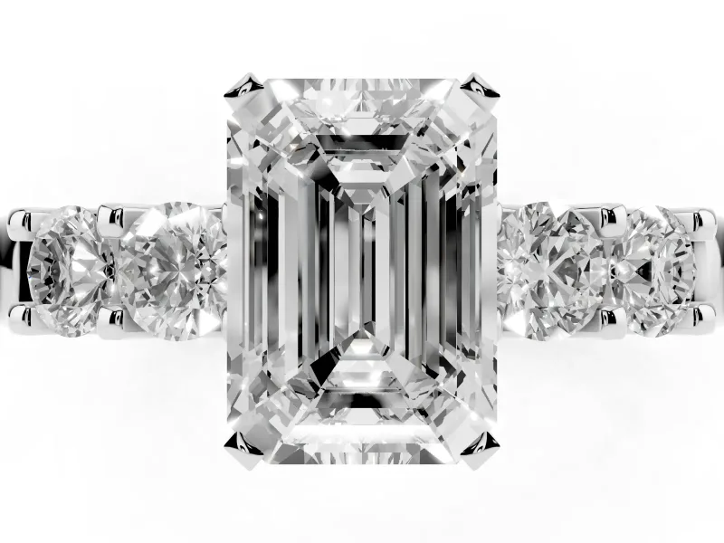 Emerald Cut Five Stone Engagement Ring Setting | Prong-Set Side Stones | White Gold