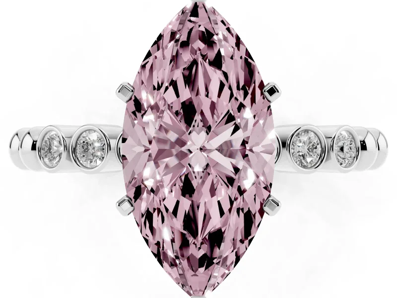Fancy Pink Marquise Cut Diamond Solitaire Engagement Ring Set in Platinum with Bezel Accents on Beaded Band