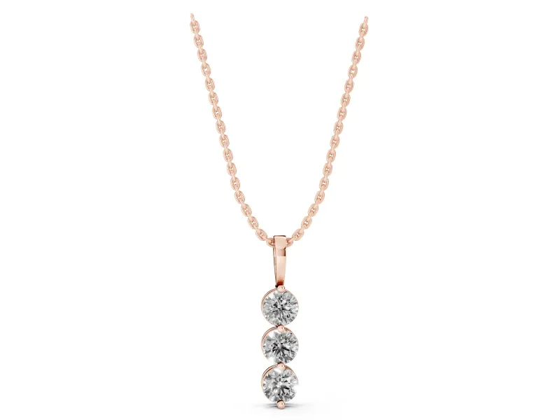 Round Lab-Grown Diamond Three-Stone Drop Pendant Necklace | Plain Bail | Rose Gold