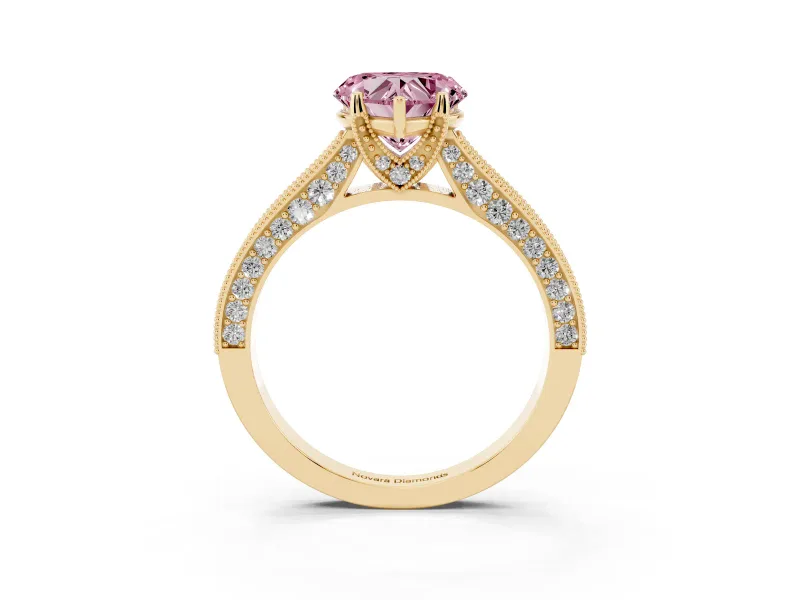 Heart-Shaped Hidden Halo Engagement Ring Setting for a Fancy Pink Lab-Grown Diamond | Milgrain Pave | Yellow Gold