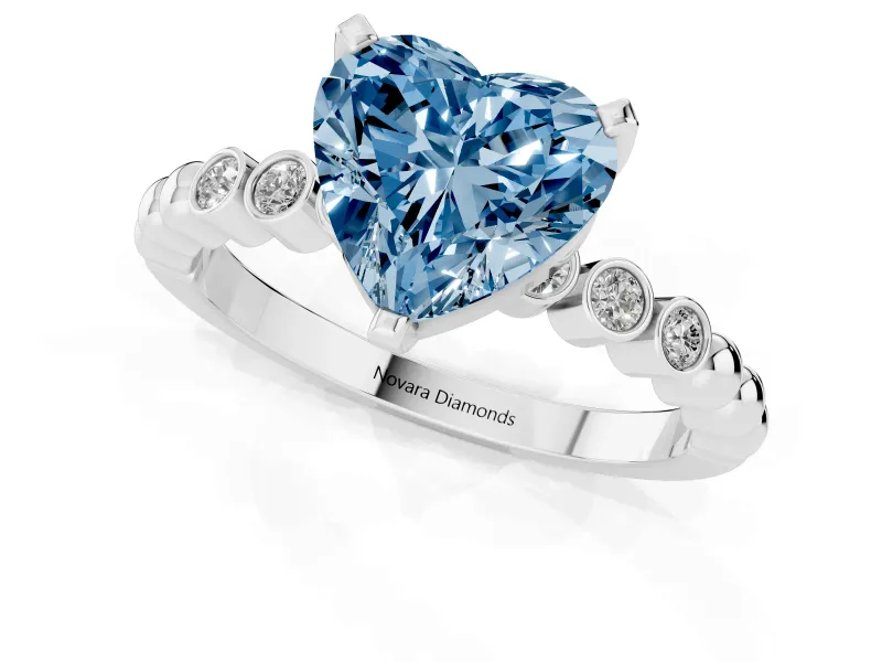Fancy Blue Heart Cut Diamond Solitaire Engagement Ring Set in Platinum with Bezel Accents on Beaded Band