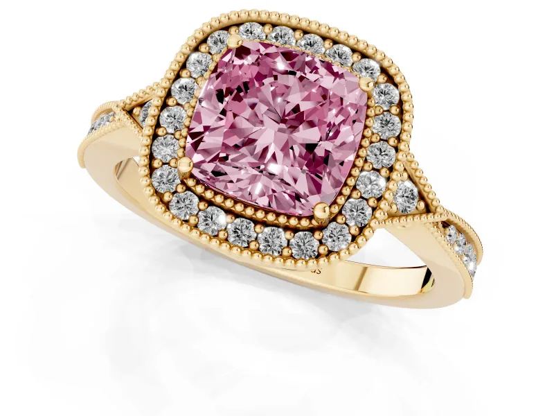Cushion Cut Milgrain Halo Engagement Ring Setting for a Fancy Pink Lab-Grown Diamond | Graduated Pavé | Yellow Gold