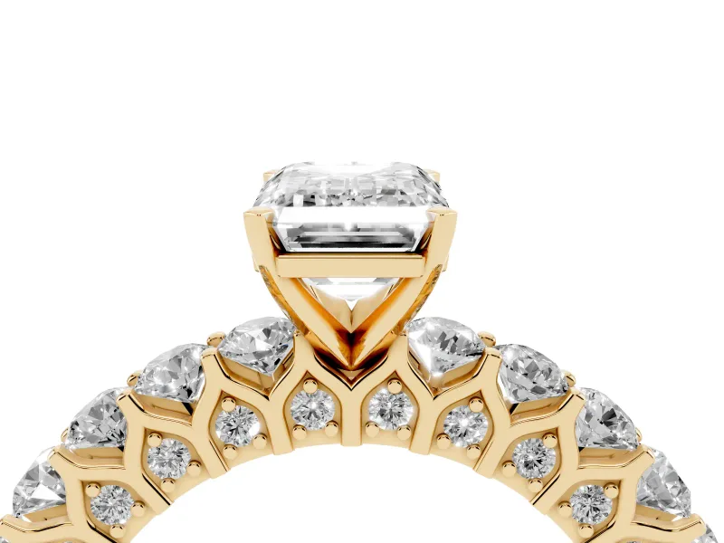 Emerald Cut Shared Prong Engagement Ring Setting | Two-Row Band | Yellow Gold