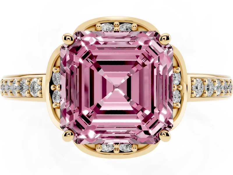 Asscher Cut Floral Pavé Engagement Ring Setting for a Fancy Pink Lab-Grown Diamond | Yellow Gold