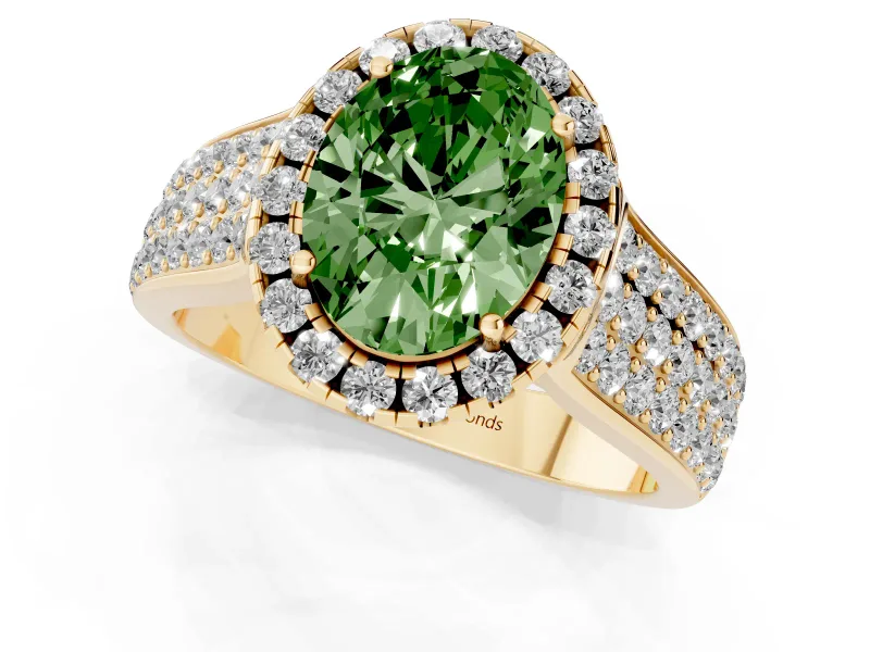 Fancy Green Oval Cut Diamond Halo Ring Set in Yellow gold with Pavé Band and Raised Center Setting