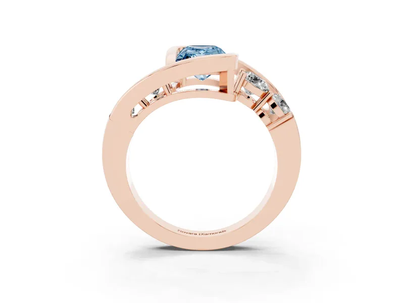 Fancy Blue Radiant Cut Diamond Bezel Bypass Ring Set in Rose gold with Round Accents