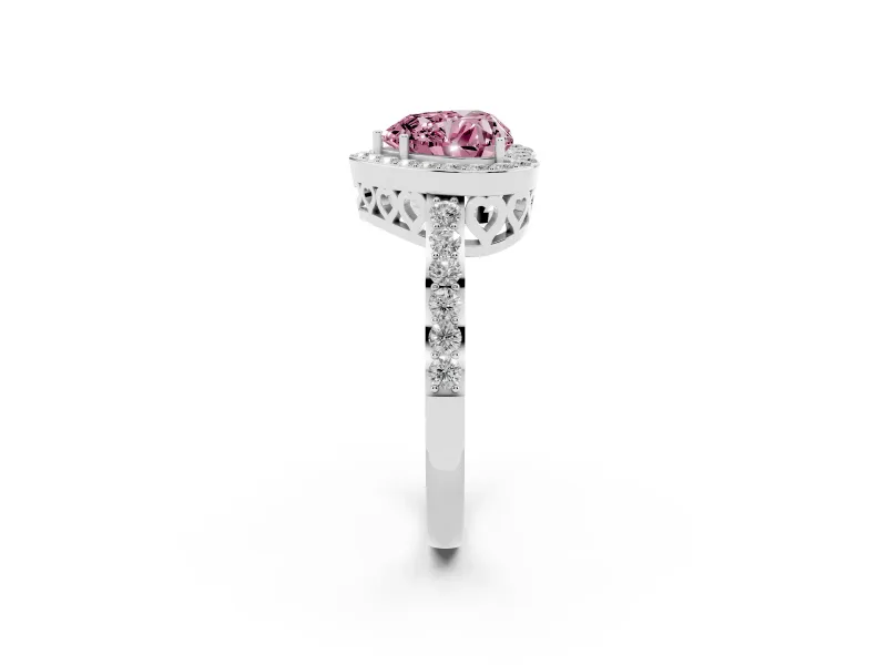 Fancy Pink Heart Cut Diamond Halo Ring Set in White gold with Pavé-Setting Band and Open Prong Center